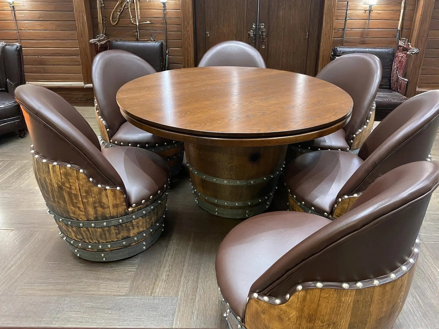 Barrel Table Game Set — Whiskey Barrel Poker Table, Bourbon Barrel Poker Set, Wine Barrel Convertible Dining Top, 6-Chair