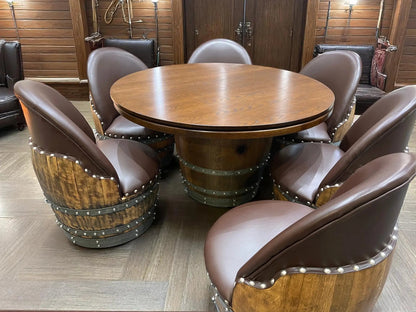 Barrel Table Game Set — Whiskey Barrel Poker Table, Bourbon Barrel Poker Set, Wine Barrel Convertible Dining Top, 6-Chair