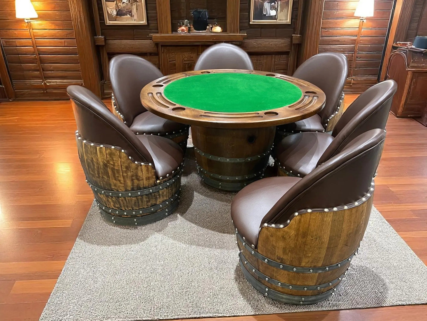 Barrel Table Game Set — Whiskey Barrel Poker Table, Bourbon Barrel Poker Set, Wine Barrel Convertible Dining Top, 6-Chair