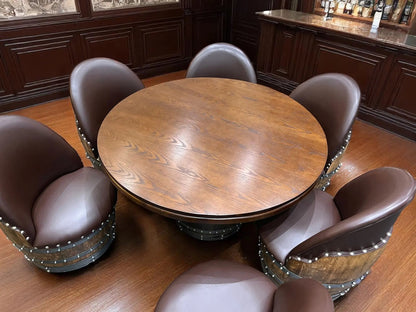 Barrel Table Game Set — Whiskey Barrel Poker Table, Bourbon Barrel Poker Set, Wine Barrel Convertible Dining Top, 6-Chair