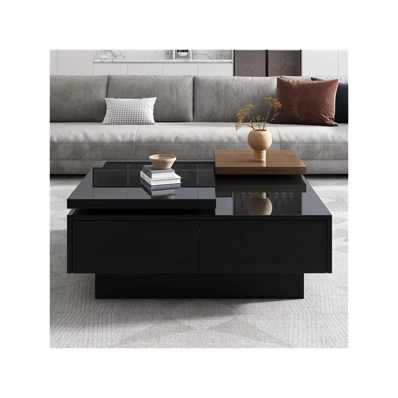 Modern Square Coffee Table with High Gloss Finish, Movable Design, 4 Hidden Storage Drawers for Living Room