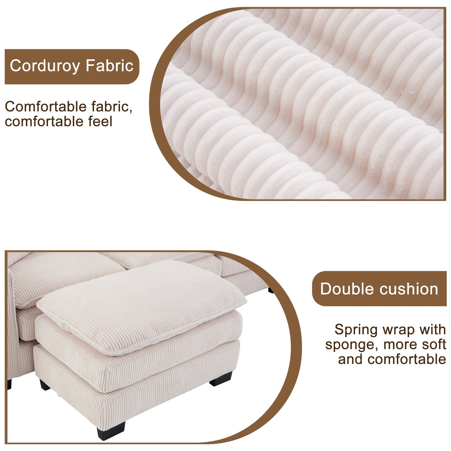 Modern U Shaped 6-seat Sectional Sofa Couch with one Ottoman and three toss pillow