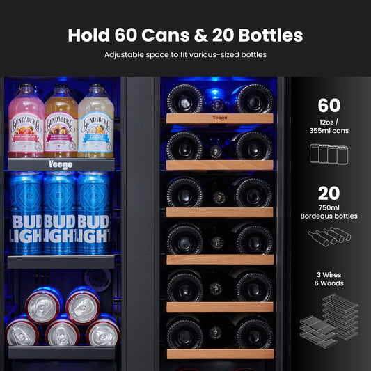 24 Inch Wine and Beverage Refrigerator, 20 Bottles and 60 Cans Dual Zone Fridge with French Glass Door for Home/Office, 36℉~72℉, Built-In/ Freestanding