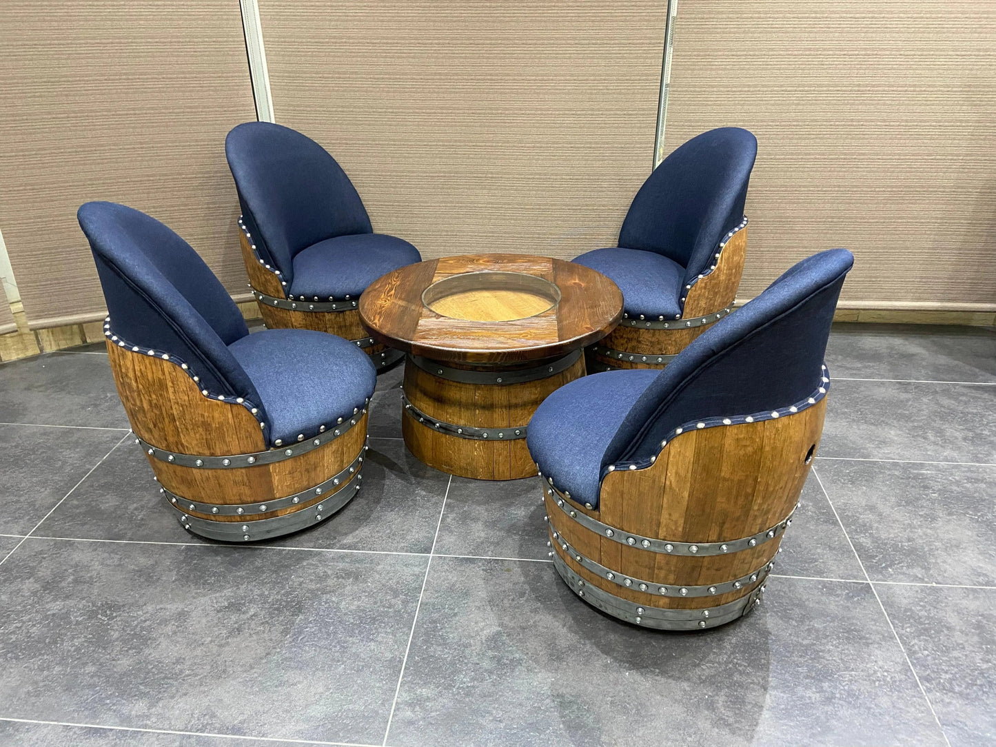 Whiskey & Wine Barrel Coffee Table Set — Full Round Table, 4 Chairs