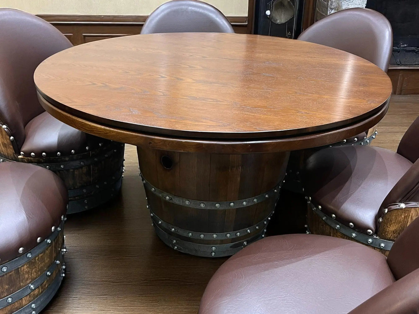 Barrel Table Game Set — Whiskey Barrel Poker Table, Bourbon Barrel Poker Set, Wine Barrel Convertible Dining Top, 6-Chair