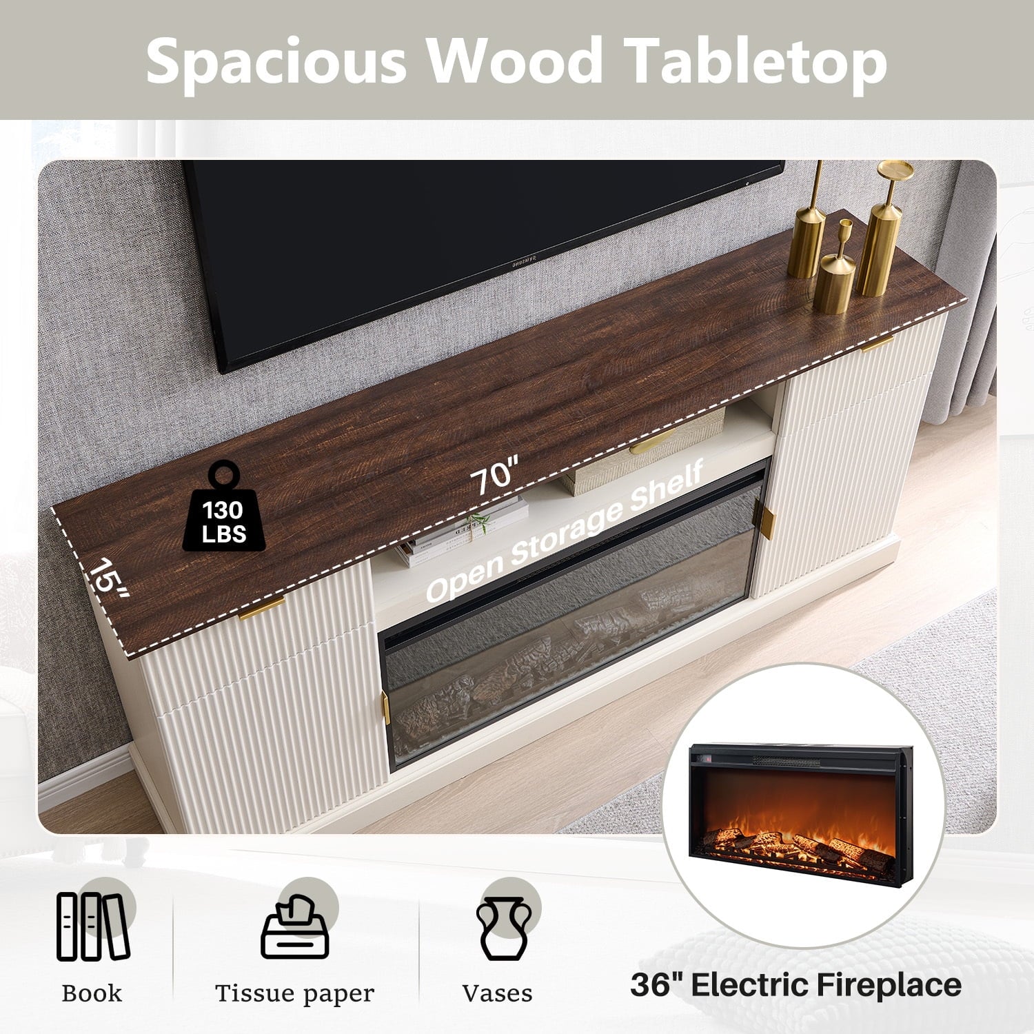Fluted Fireplace TV Stand for 80 Inch, Entertainment Center with 36" Electric Fireplace, 2 Drawers and Adjustable Shelves, Wood TV Stand for Living Room