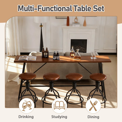 84" Bar Table and Chairs Set for 4~6, Pub Set for 4 PU Padded Barstools Swivel Stool Dining Table Set, Modern Dining Set for 4, Retro Brown