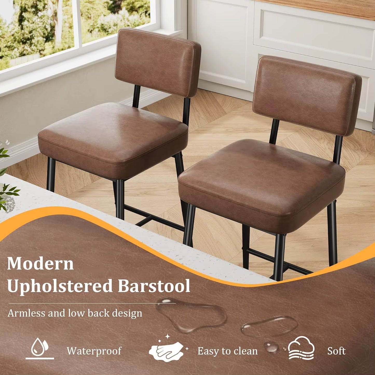 2 Pcs Bar Stools,Faux Leather Counter Height Bar Stool with Back, Metal Legs, Upholstered Barstool Chairs for Island,Counter Bar