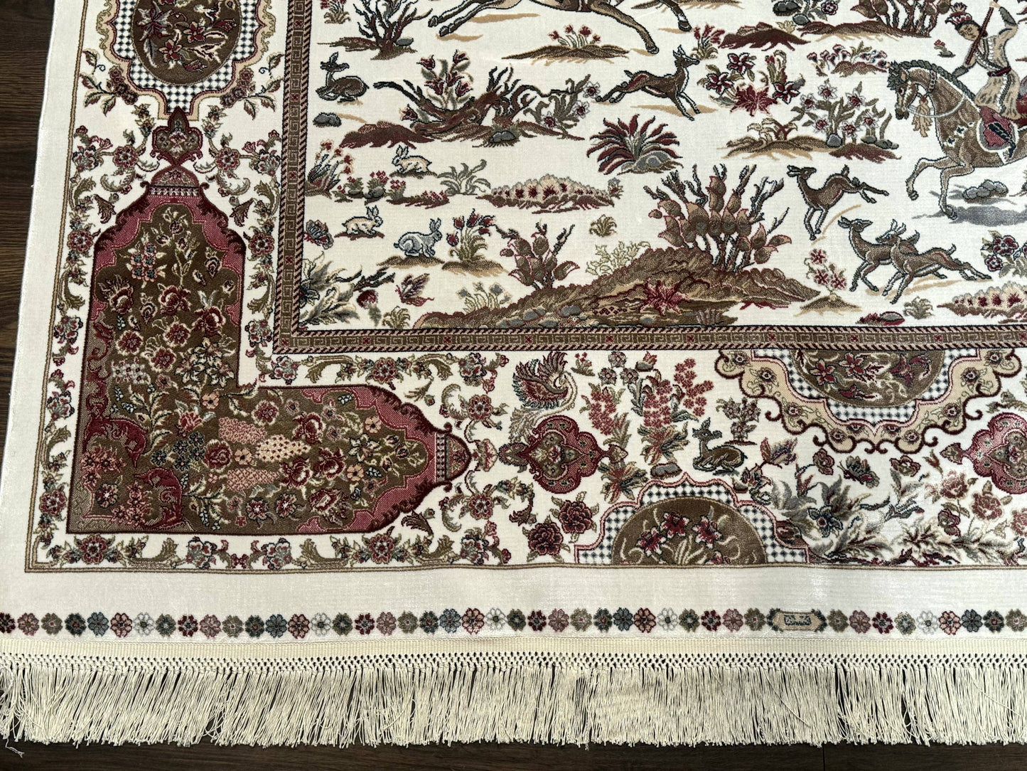 Turkish Silk Rug 5x8, Ivory, Hunting Design, Animal Pictorials, Bamboo Silk