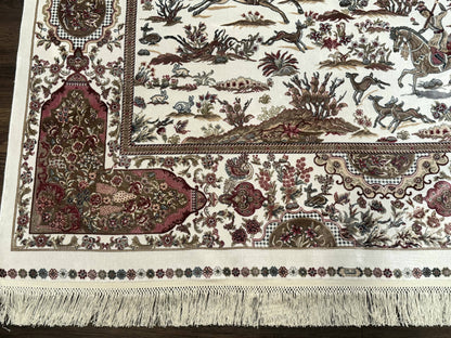 Turkish Silk Rug 5x8, Ivory, Hunting Design, Animal Pictorials, Bamboo Silk