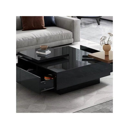 Modern Square Coffee Table with High Gloss Finish, Movable Design, 4 Hidden Storage Drawers for Living Room