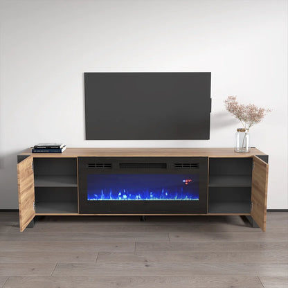 Woody BL-EF Fireplace TV Stand for Tvs up to 85", Modern High Gloss 77" Entertainment Center, Electric Fireplace TV Media Console with Storage Cabinets