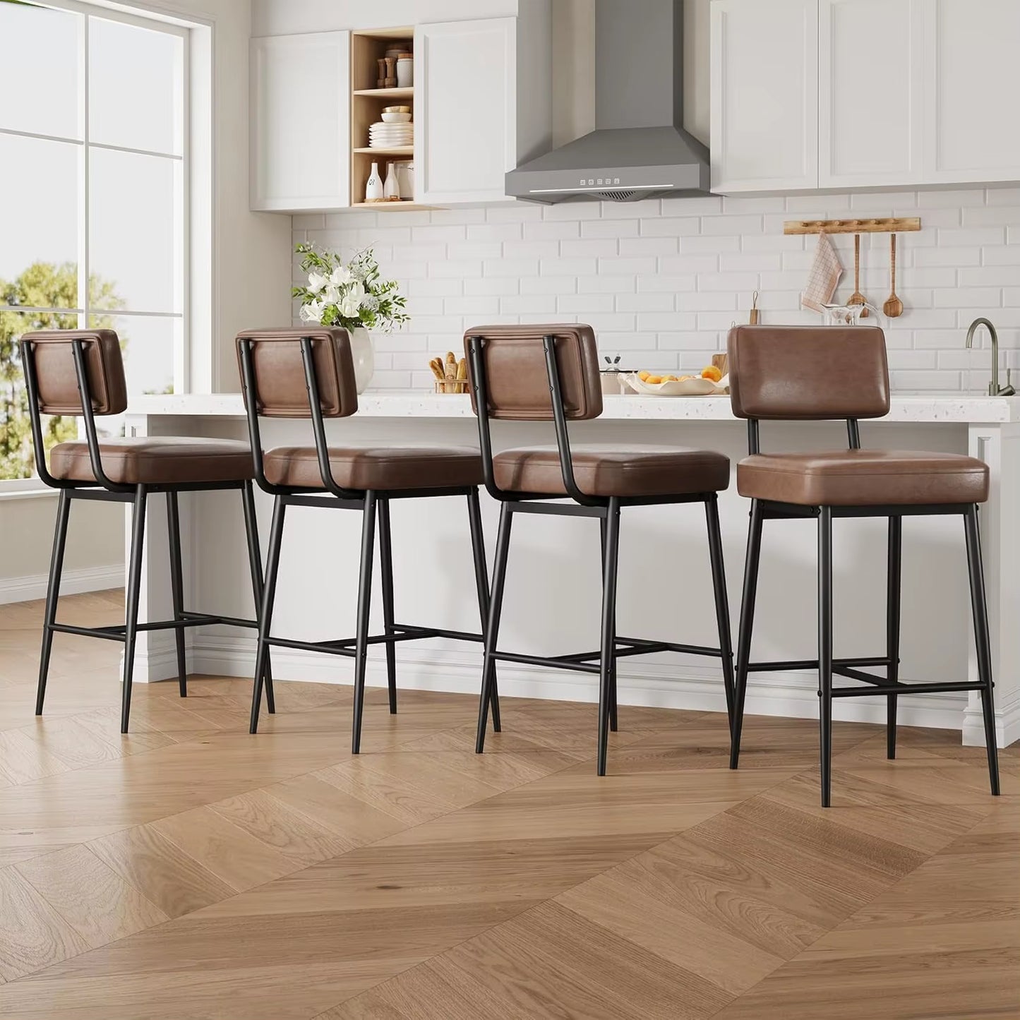2 Pcs Bar Stools,Faux Leather Counter Height Bar Stool with Back, Metal Legs, Upholstered Barstool Chairs for Island,Counter Bar
