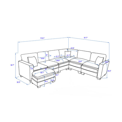 Modern U Shaped 6-seat Sectional Sofa Couch with one Ottoman and three toss pillow