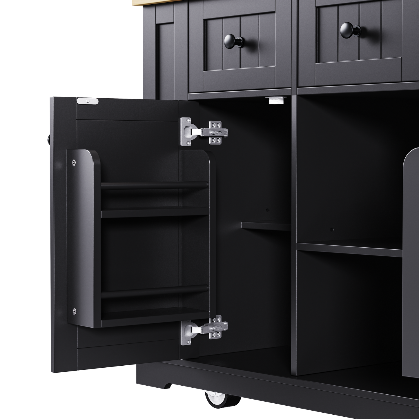 K&K 53inch Large Kitchen Island with 2 Bar Stools, Power Outlet,Door Internal Storage Rack, Kitchen Storage Cart on 5 Wheels with Drop Leaf, 5 Open Side Racks, 3 Drawers, for Kitchen,Dining Room,Black