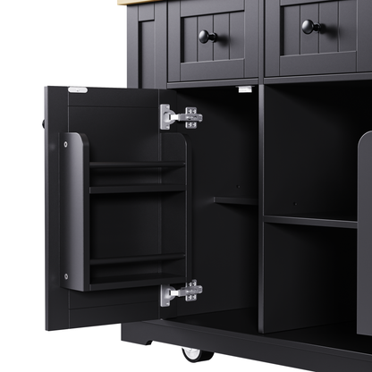 K&K 53inch Large Kitchen Island with 2 Bar Stools, Power Outlet,Door Internal Storage Rack, Kitchen Storage Cart on 5 Wheels with Drop Leaf, 5 Open Side Racks, 3 Drawers, for Kitchen,Dining Room,Black