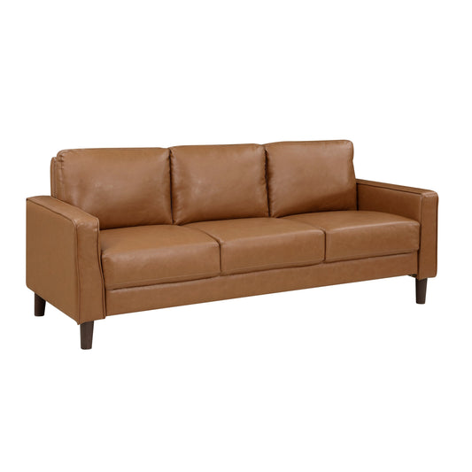 Modern Style Brown Faux Leather Upholstered 3-Seater Sofa Couch Comfortable Cushion Back Seat Solid Wood Living Room Furniture 1pc
