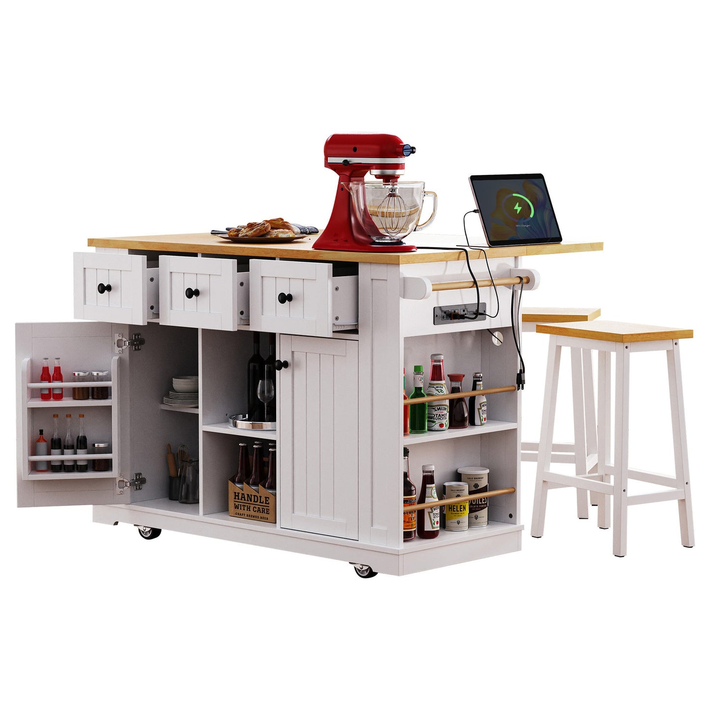 K&K 53inch Large Kitchen Island with 2 Bar Stools, Power Outlet,Door Internal Storage Rack, Kitchen Storage Cart on 5 Wheels with Drop Leaf, 5 Open Side Racks, 3 Drawers, for Kitchen,Dining Room,White