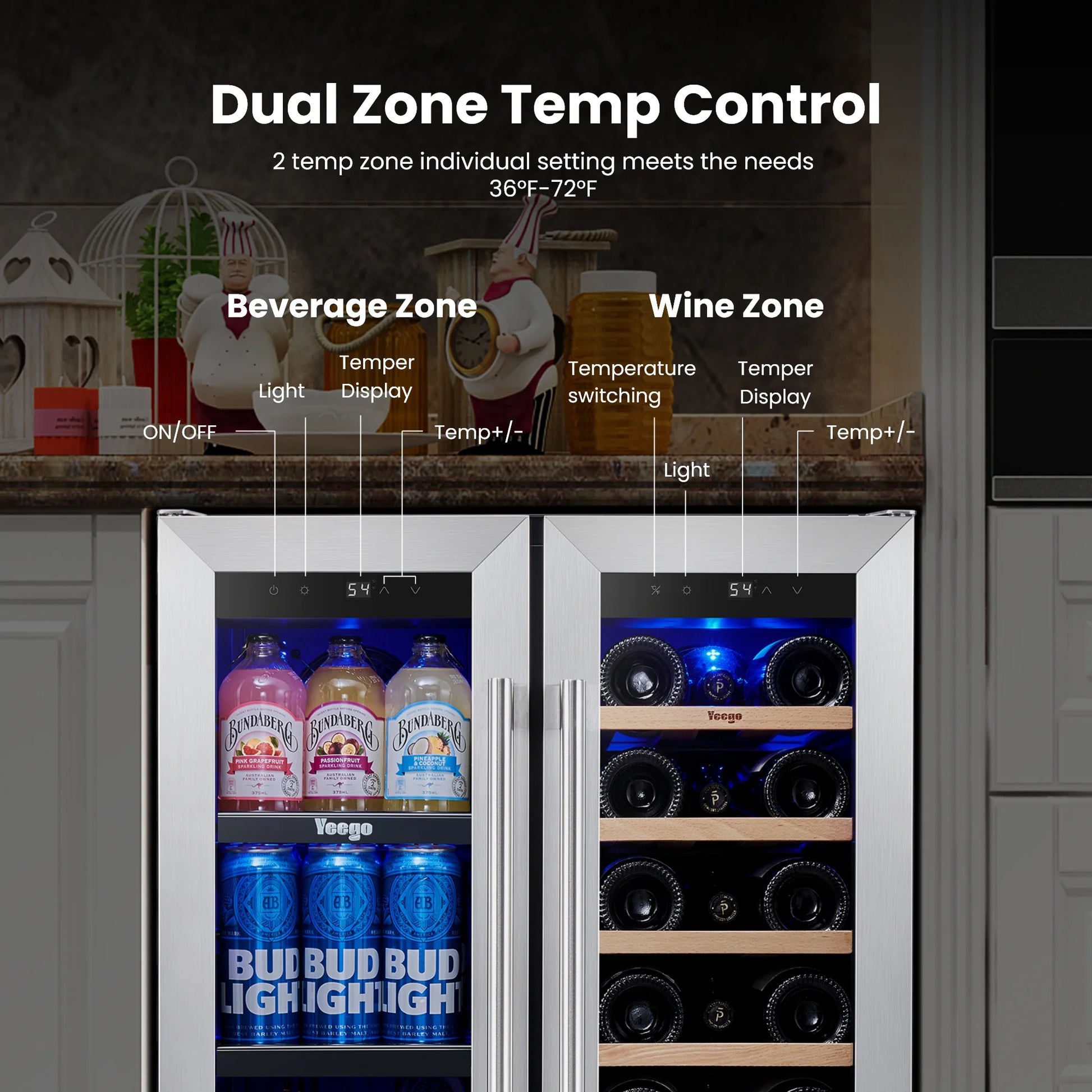 24 Inch Wine and Beverage Refrigerator, 20 Bottles and 60 Cans Dual Zone Fridge with French Glass Door for Home/Office, 36℉~72℉, Built-In/ Freestanding