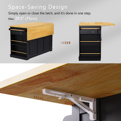 K&K 53inch Large Kitchen Island with 2 Bar Stools, Power Outlet,Door Internal Storage Rack, Kitchen Storage Cart on 5 Wheels with Drop Leaf, 5 Open Side Racks, 3 Drawers, for Kitchen,Dining Room,Black