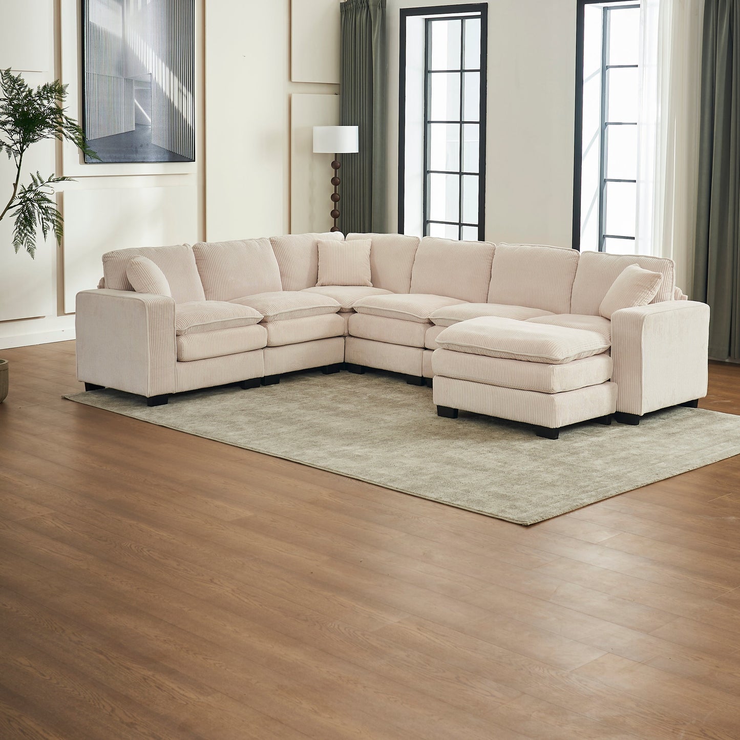 Modern U Shaped 6-seat Sectional Sofa Couch with one Ottoman and three toss pillow