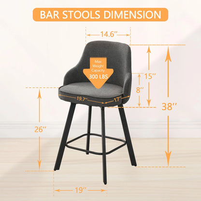 Bar Stools Set of 3, 26" Swivel Counter Height Bar Stools with High Back, Linen Kitchen Barstools Counter Height for Kitchen Island (Dark Grey, 3PCS 26" Counter Stools)