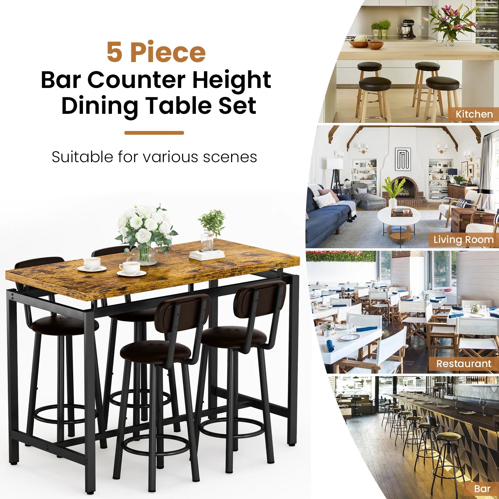 Breakfast Barstool Counter Height Dining Table Set for 4 with Upholstered Bar Stools, High Top Table, Vintage Brown