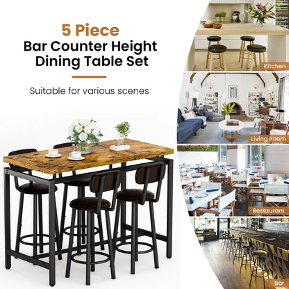 Breakfast Barstool Counter Height Dining Table Set for 4 with Upholstered Bar Stools, High Top Table, Vintage Brown