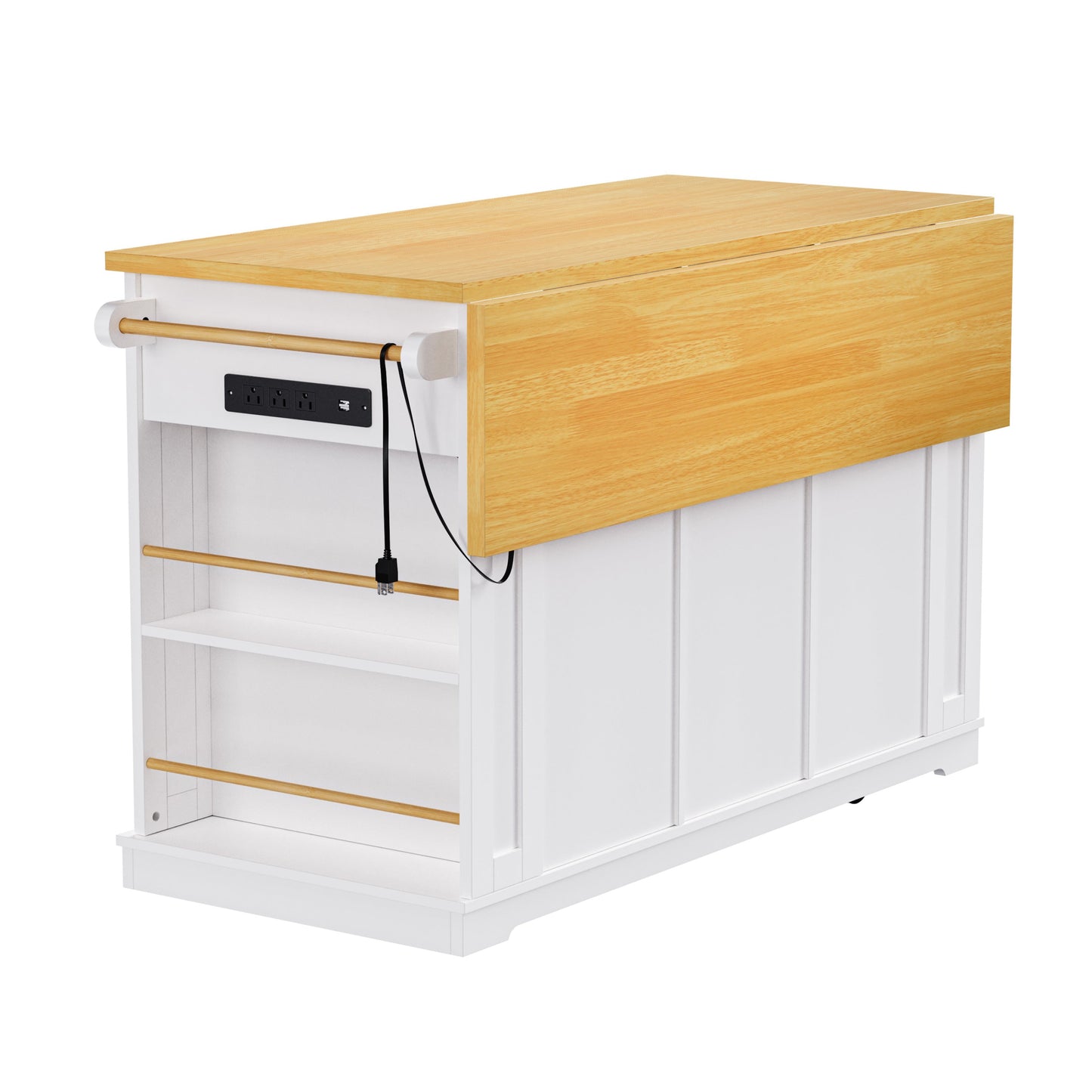 K&K 53inch Large Kitchen Island with 2 Bar Stools, Power Outlet,Door Internal Storage Rack, Kitchen Storage Cart on 5 Wheels with Drop Leaf, 5 Open Side Racks, 3 Drawers, for Kitchen,Dining Room,White