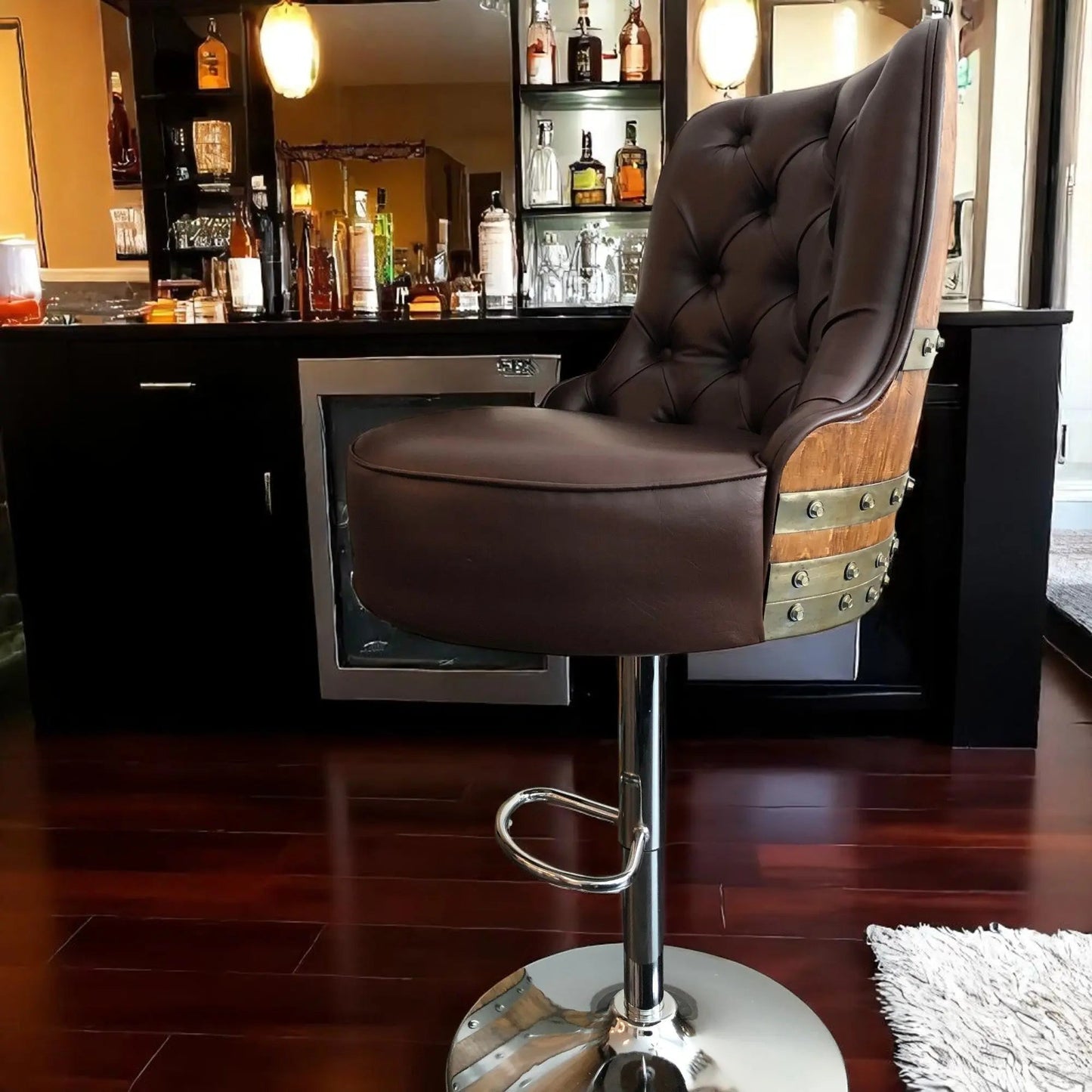 Whiskey Barrel Stool — Bourbon Barrel Pub Stool, Wine Barrel Counter Stool, Reclaimed Oak, Memory Foam, Home Bar Gift