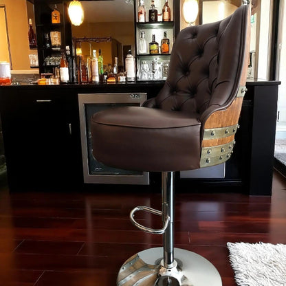 Whiskey Barrel Stool — Bourbon Barrel Pub Stool, Wine Barrel Counter Stool, Reclaimed Oak, Memory Foam, Home Bar Gift