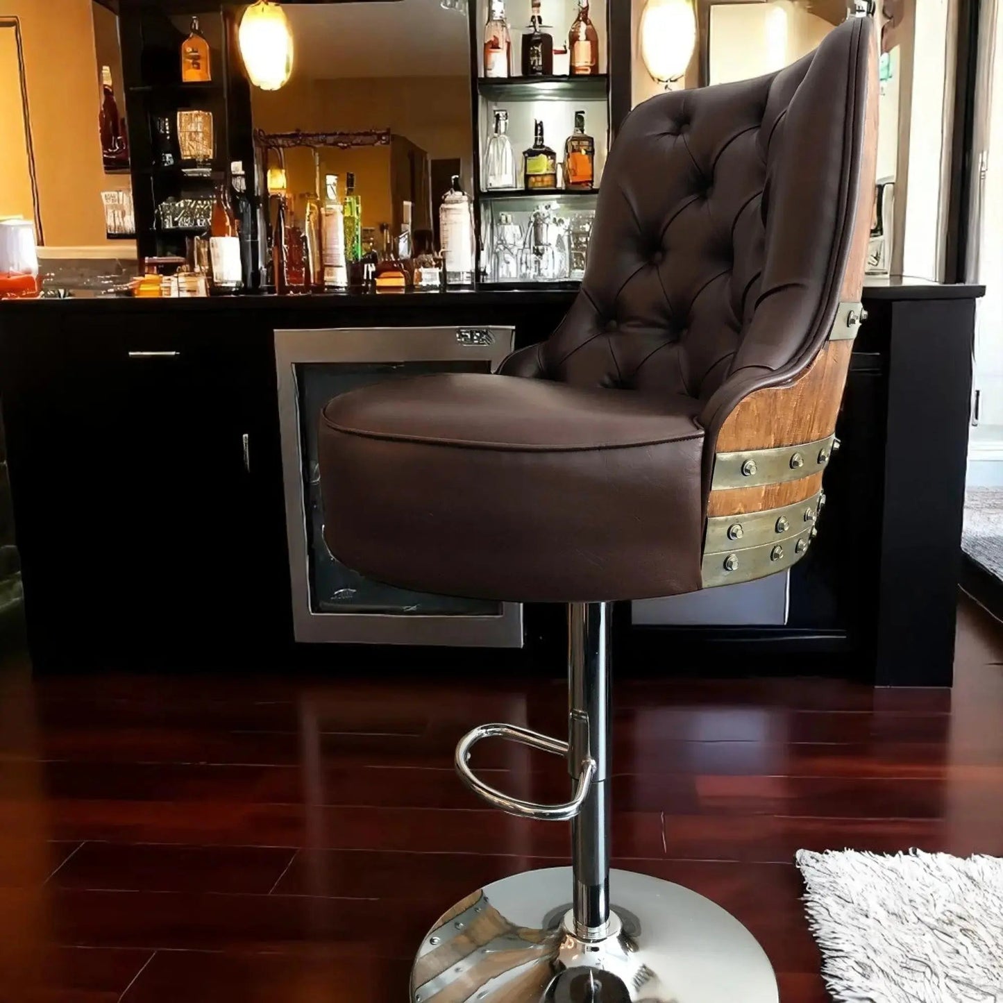 Whiskey Barrel Stool — Bourbon Barrel Pub Stool, Wine Barrel Counter Stool, Reclaimed Oak, Memory Foam, Home Bar Gift