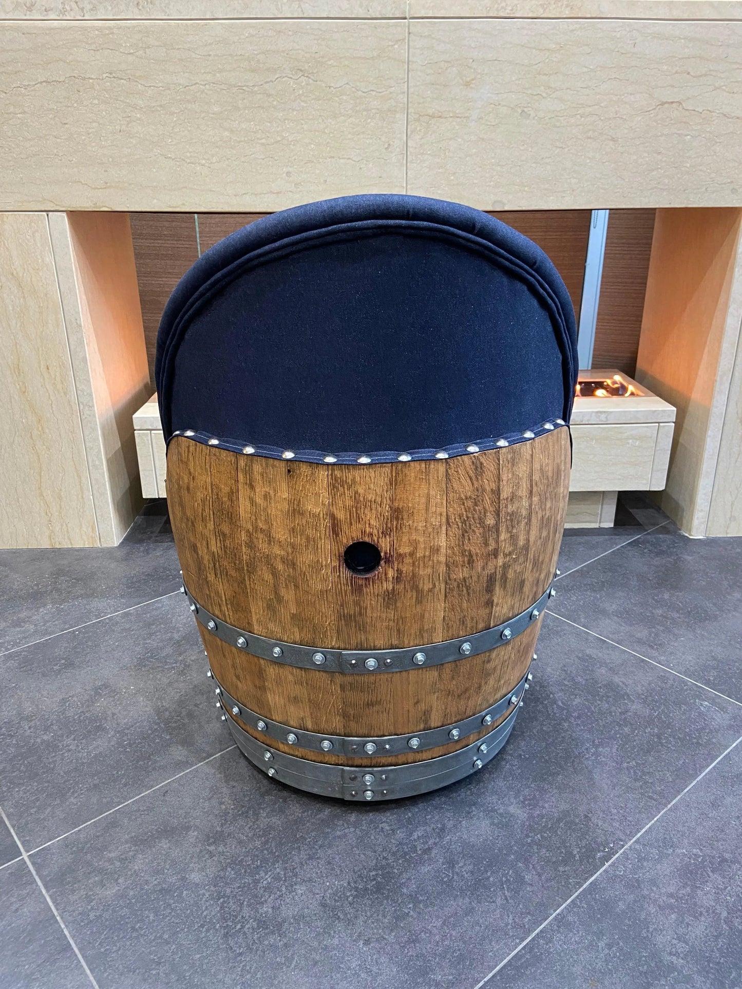 Whiskey Barrel Poker Table, Bourbon Barrel Poker Set, Wine Barrel Convertible Dining Top, Dark Navy, 6-Chair Set