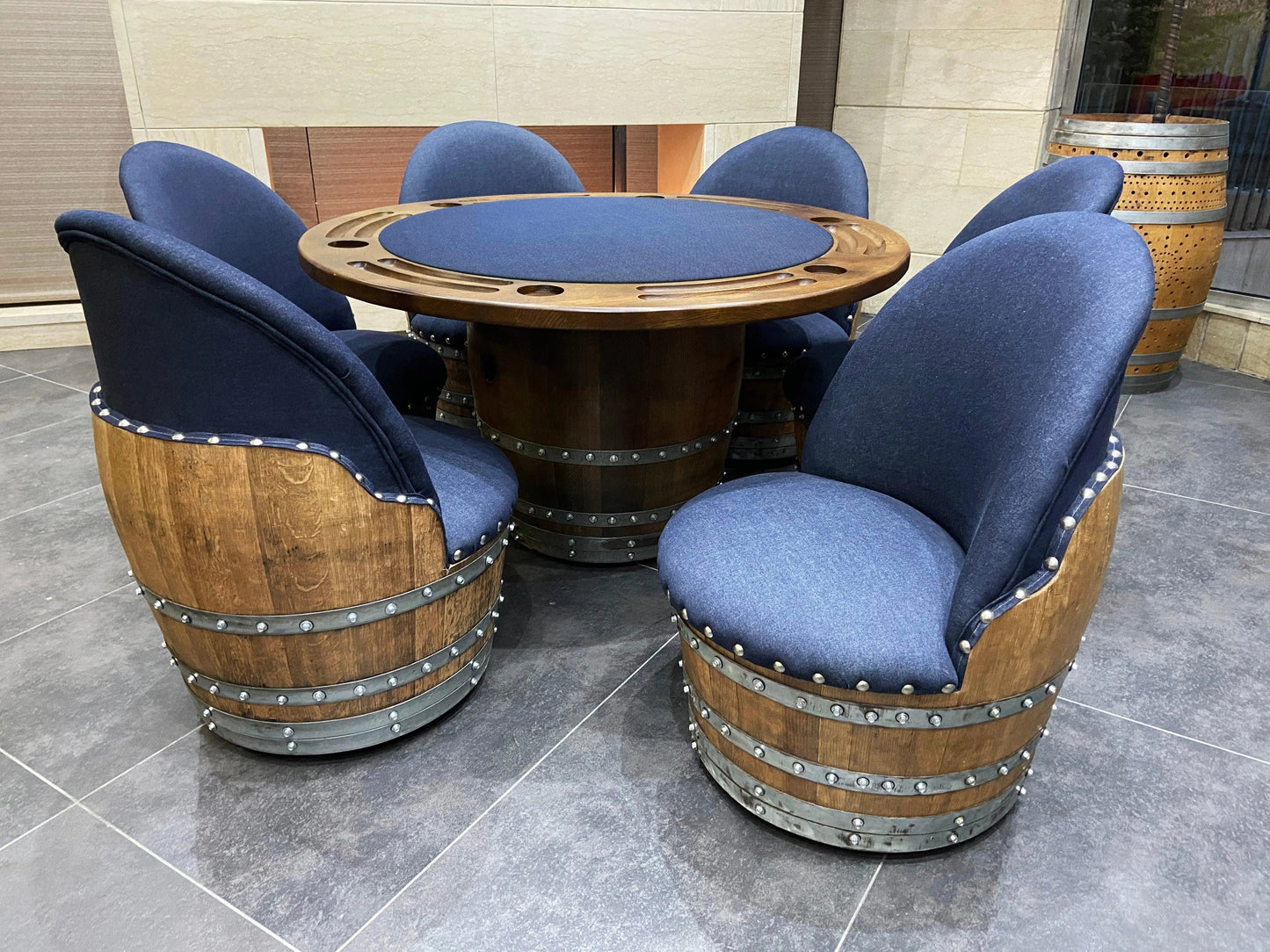 Whiskey Barrel Poker Table, Bourbon Barrel Poker Set, Wine Barrel Convertible Dining Top, Dark Navy, 6-Chair Set