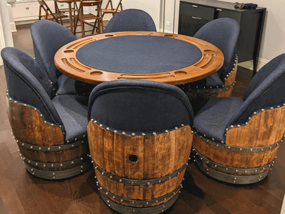 Whiskey Barrel Poker Table, Bourbon Barrel Poker Set, Wine Barrel Convertible Dining Top, Dark Navy, 6-Chair Set