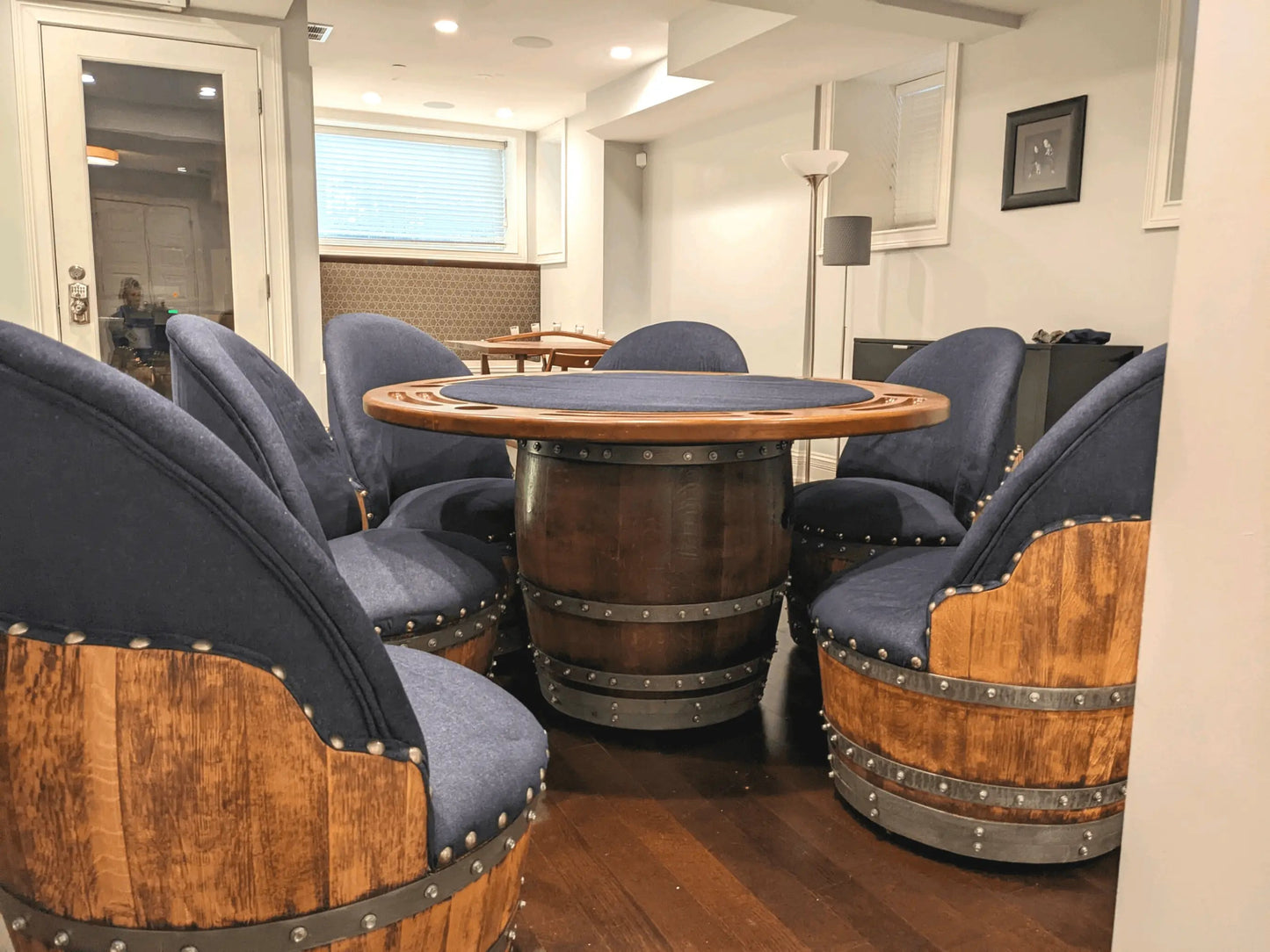Whiskey Barrel Poker Table, Bourbon Barrel Poker Set, Wine Barrel Convertible Dining Top, Dark Navy, 6-Chair Set