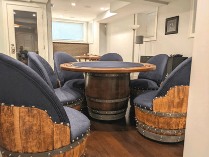 Whiskey Barrel Poker Table, Bourbon Barrel Poker Set, Wine Barrel Convertible Dining Top, Dark Navy, 6-Chair Set