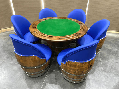Barrel Table Game Set — Whiskey Barrel Poker Table, Bourbon Barrel Poker Set, Wine Barrel Convertible Dining Top, 6-Chair