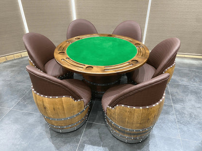 Barrel Table Game Set — Whiskey Barrel Poker Table, Bourbon Barrel Poker Set, Wine Barrel Convertible Dining Top, 6-Chair