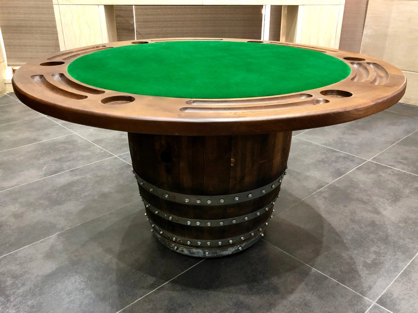 Barrel Table Game Set — Whiskey Barrel Poker Table, Bourbon Barrel Poker Set, Wine Barrel Convertible Dining Top, 6-Chair