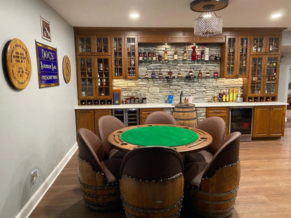 Barrel Table Game Set — Whiskey Barrel Poker Table, Bourbon Barrel Poker Set, Wine Barrel Convertible Dining Top, 6-Chair