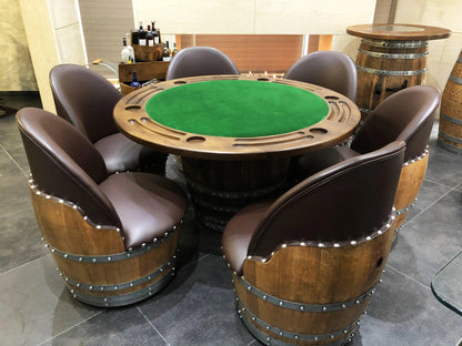 Barrel Table Game Set — Whiskey Barrel Poker Table, Bourbon Barrel Poker Set, Wine Barrel Convertible Dining Top, 6-Chair