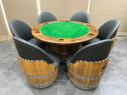 Barrel Table Game Set — Whiskey Barrel Poker Table, Bourbon Barrel Poker Set, Wine Barrel Convertible Dining Top, 6-Chair