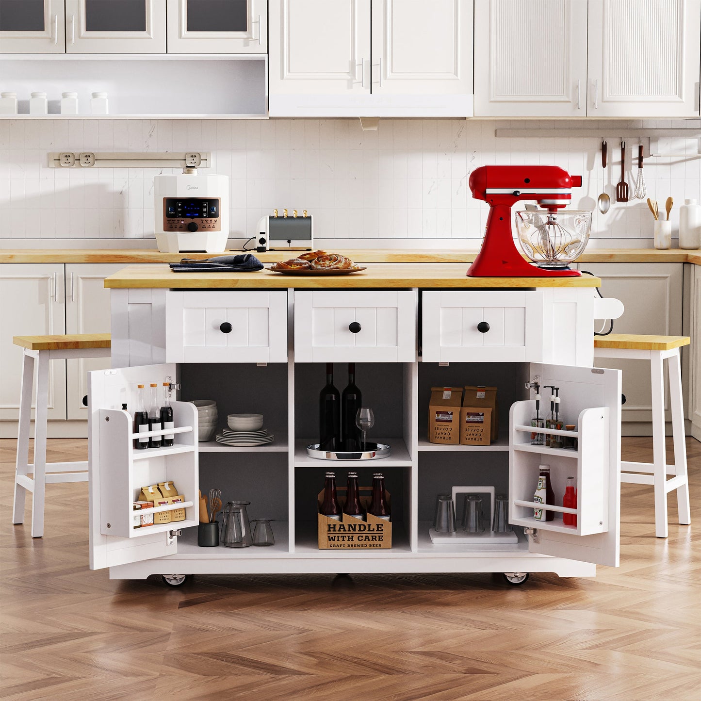 K&K 53inch Large Kitchen Island with 2 Bar Stools, Power Outlet,Door Internal Storage Rack, Kitchen Storage Cart on 5 Wheels with Drop Leaf, 5 Open Side Racks, 3 Drawers, for Kitchen,Dining Room,White