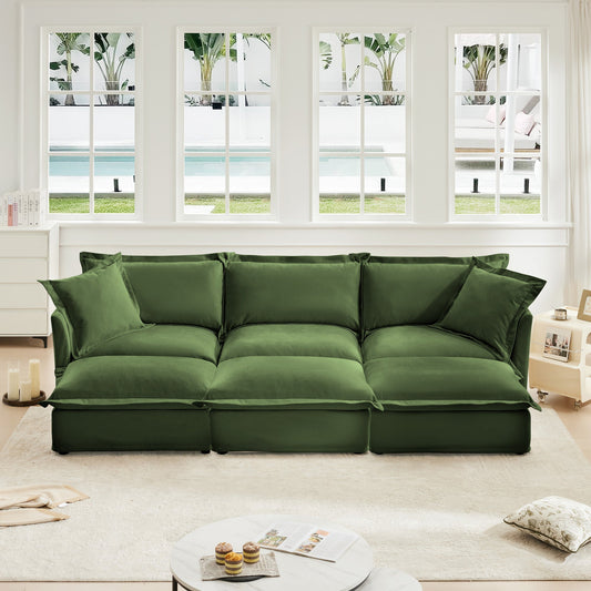 Living Room Sofa Slipcovered Sofa 3 Seater Sofa With 3 Ottomans, Oversized 3-Seat Sleeper Sofa Bed Home Theater Sofa,  Chenille, Green