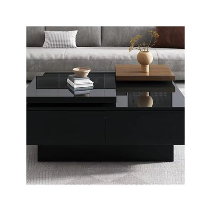 Modern Square Coffee Table with High Gloss Finish, Movable Design, 4 Hidden Storage Drawers for Living Room