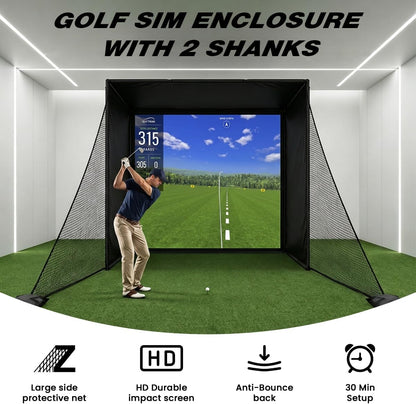 Golf Simulator Enclosure Cage, with HD Impact Projection Screen, Dual Shank Nets & Foam Padding Poles, 8.4X8.4 Steel Frame Golf Net for Garage, Basement, Home Room, Golfers, Beginners & Family Use