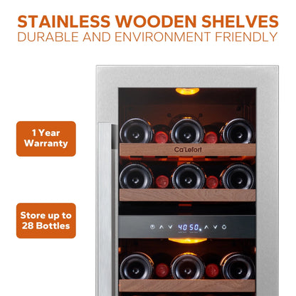 15 Inch Wine Fridge, 28 Bottle Dual Zone Wine Cooler Refrigerator with Glass Door for Home/Office, Built-In & Freestanding
