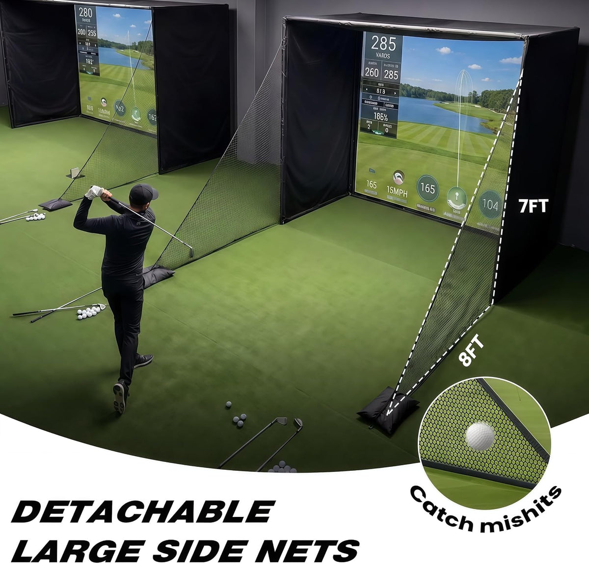 Golf Simulator Enclosure Cage, with HD Impact Projection Screen, Dual Shank Nets & Foam Padding Poles, 8.4X8.4 Steel Frame Golf Net for Garage, Basement, Home Room, Golfers, Beginners & Family Use