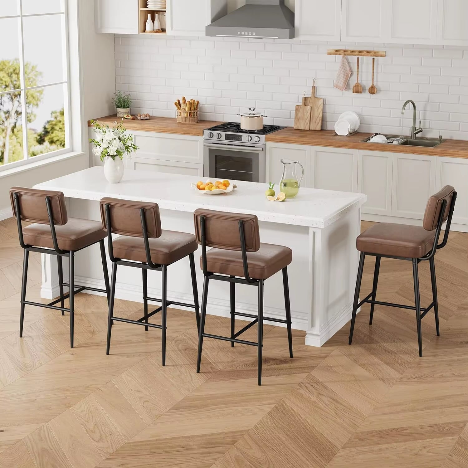 2 Pcs Bar Stools,Faux Leather Counter Height Bar Stool with Back, Metal Legs, Upholstered Barstool Chairs for Island,Counter Bar